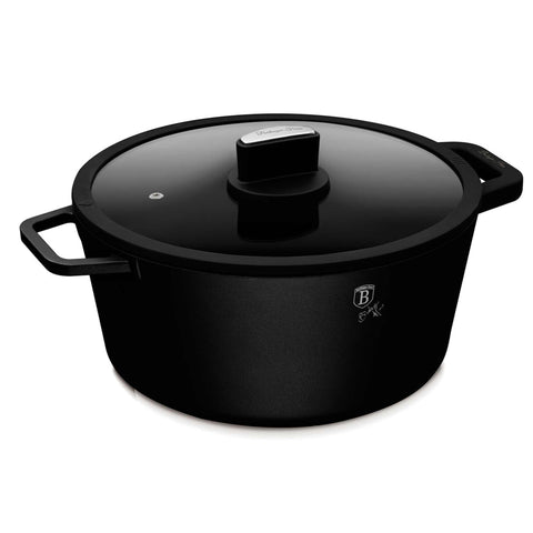 Product image of Casserole with lid 28cm. Part of the Matte Black Collection . Features: • Material: cast aluminum with non-stick titanPro coating • Casserole with lid Ø28*13 cm 6,3L • Color: black- silver • 2 PCS REMOVABLE HEAT RESISTA.... (Studio view). Official Berlinger Haus product, boosted by Promintra sl.