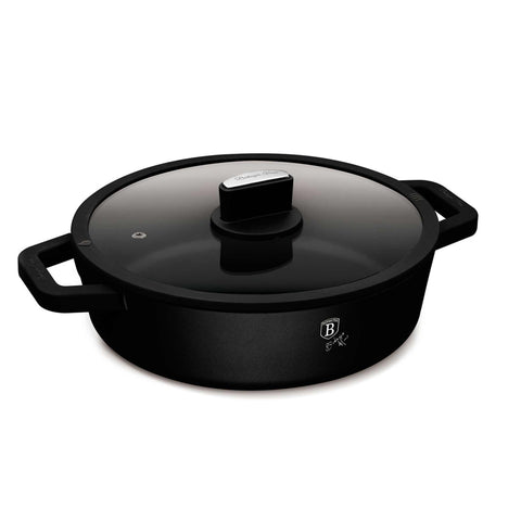 Product image of Shallow pot with lid 28cm. Part of the Matte Black Collection . Features: • Material: cast aluminum with non-stick titanPro coating • Shallow pot with lid Ø28*8 cm 3,8L • Color: black- silver • 2 PCS REMOVABLE HEAT RESIST.... (Studio view). Official Berlinger Haus product, boosted by Promintra sl.
