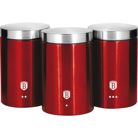 Product image of 3pcs canister set. Part of the Metallic Line Burgundy Edition . Features: • Material: stainless steel • Include: • Sugar canister Ø11*17,8 cm • Tea canister Ø11*17,8 cm • Coffee canister Ø11*17,8 cm • Outside color: metal.... (Studio view). Official Berlinger Haus product, boosted by Promintra sl.