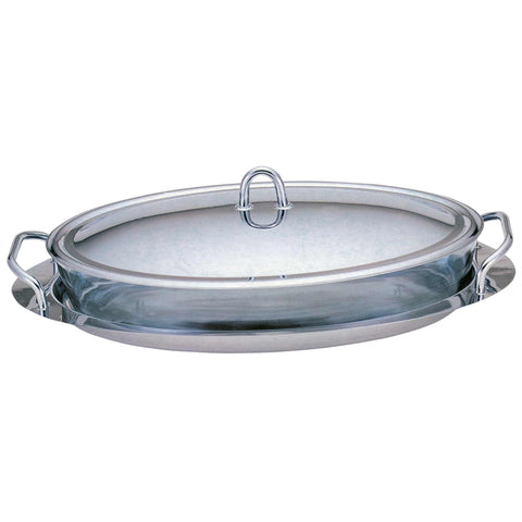 Product image of 2in1 food container and serving tray oval 3L. Part of the Eternal Collection . Features: • Material: stainless steel and SABINEX glass • Capacity: 3L • GLASS MADE IN FRANCE. (Studio view). Official Berlinger Haus product, boosted by Promintra sl.