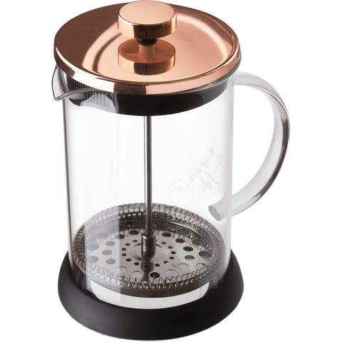 Product image of Coffee & tea plunger 600ml. Part of the Metallic Line Rose Gold Edition . Features: • Coffee & tea plunger • Material: 18/10 stainless steel, borosilicate glass ( 1,8mm ) • Capacity 600 ml • Colors: rose gold. (Studio view). Official Berlinger Haus product, boosted by Promintra sl.