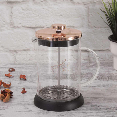 Product image of Coffee & tea plunger 800ml. Part of the Metallic Line Rose Gold Edition . Features: • Coffee & tea plunger • Material: 18/10 stainless steel, borosilicate glass ( 1,8mm ) • Capacity 800 ml • Colors: rose gold. (Studio view). Official Berlinger Haus product, boosted by Promintra sl.