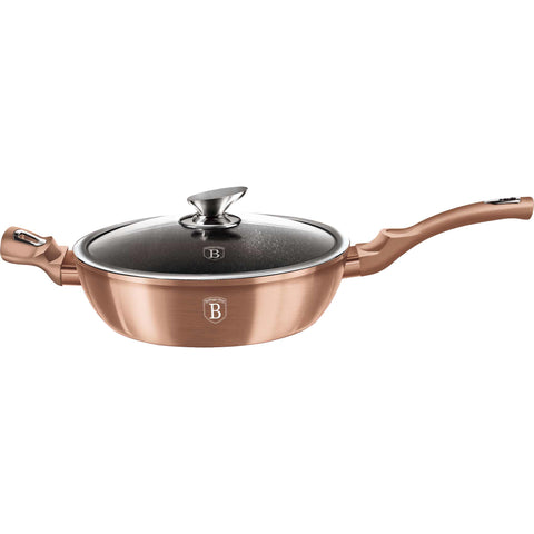 Product image of Deep frypan with lid 28cm. Part of the Metallic Line Rose Gold Edition . Features: • Material: forged aluminum • Deep frypan with lid Ø28*7,5 cm 3,8L • Color: metallic rose gold REGISTERED DESIGN BY BERLINGER HAUS!. (Studio view). Official Berlinger Haus product, boosted by Promintra sl.