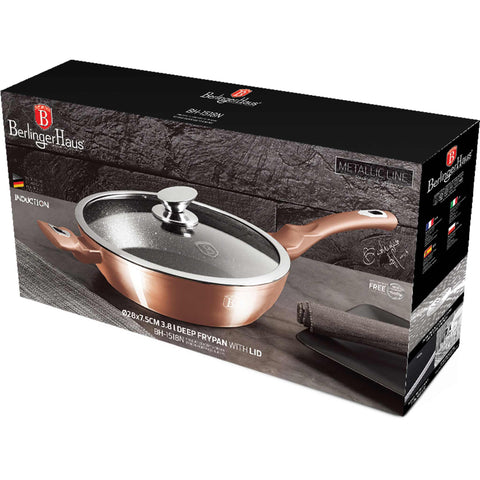 Product image of Deep frypan with lid 28cm. Part of the Metallic Line Rose Gold Edition . Features: • Material: forged aluminum • Deep frypan with lid Ø28*7,5 cm 3,8L • Color: metallic rose gold REGISTERED DESIGN BY BERLINGER HAUS!. (Studio view). Official Berlinger Haus product, boosted by Promintra sl.