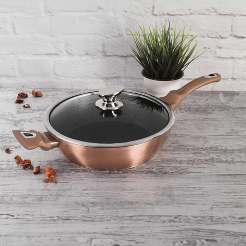 Product image of Deep frypan with lid 28cm. Part of the Metallic Line Rose Gold Edition . Features: • Material: forged aluminum • Deep frypan with lid Ø28*7,5 cm 3,8L • Color: metallic rose gold REGISTERED DESIGN BY BERLINGER HAUS!. (Studio view). Official Berlinger Haus product, boosted by Promintra sl.