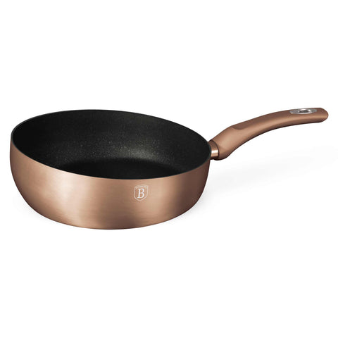 Product image of Flip frypan 26cm. Part of the Metallic Line Rose Gold Edition . Features: • Material: stamp aluminum • Flip frypan Ø26 cm 2,8L • Color: metallic rose gold REGISTERED DESIGN BY BERLINGER HAUS!. (Studio view). Official Berlinger Haus product, boosted by Promintra sl.