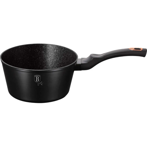 Product image of Sauce pan 16cm. Part of the Black Rose Collection . Features: • Material: forged aluminum • Sauce pan Ø16*7,5 cm 1,2L • Color: matt black- rose gold REGISTERED DESIGN BY BERLINGER HAUS!. (Studio view). Official Berlinger Haus product, boosted by Promintra sl.