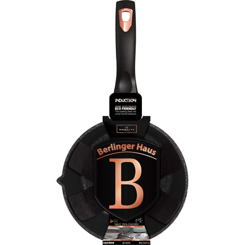 Product image of Sauce pan 16cm. Part of the Black Rose Collection . Features: • Material: forged aluminum • Sauce pan Ø16*7,5 cm 1,2L • Color: matt black- rose gold REGISTERED DESIGN BY BERLINGER HAUS!. (Studio view). Official Berlinger Haus product, boosted by Promintra sl.