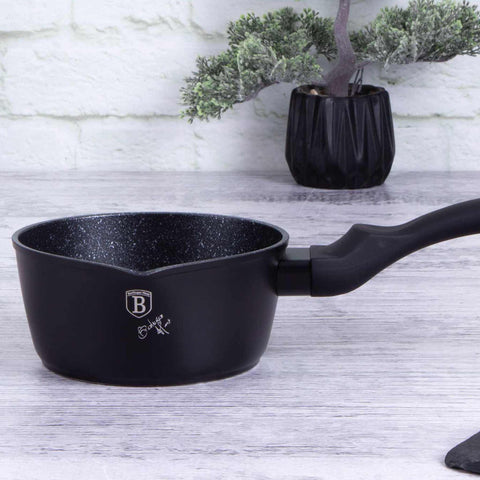 Product image of Sauce pan 16cm. Part of the Black Rose Collection . Features: • Material: forged aluminum • Sauce pan Ø16*7,5 cm 1,2L • Color: matt black- rose gold REGISTERED DESIGN BY BERLINGER HAUS!. (Studio view). Official Berlinger Haus product, boosted by Promintra sl.