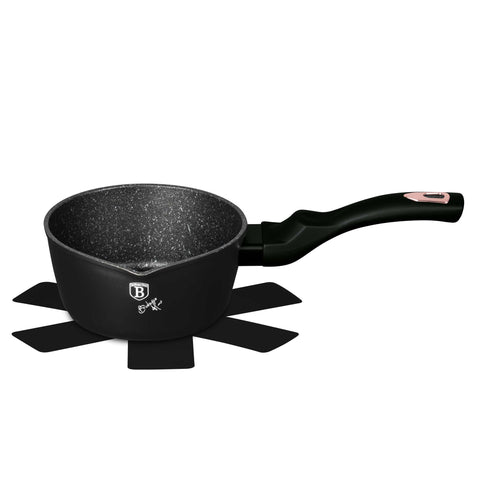 Product image of Sauce pan 16cm. Part of the Black Rose Collection . Features: • Material: forged aluminum • Sauce pan Ø16*7,5 cm 1,2L • Color: matt black- rose gold REGISTERED DESIGN BY BERLINGER HAUS!. (Studio view). Official Berlinger Haus product, boosted by Promintra sl.