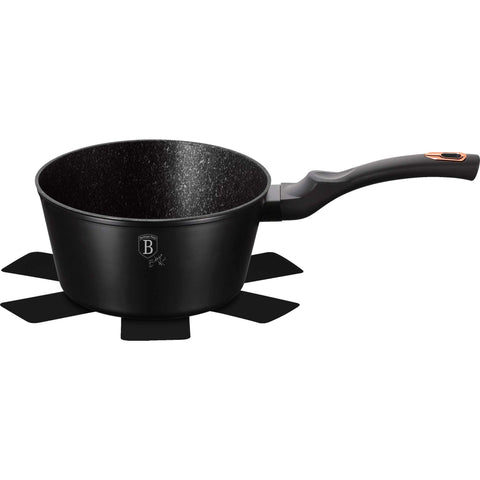 Product image of Sauce pan 16cm. Part of the Black Rose Collection . Features: • Material: forged aluminum • Sauce pan Ø16*7,5 cm 1,2L • Color: matt black- rose gold REGISTERED DESIGN BY BERLINGER HAUS!. (Studio view). Official Berlinger Haus product, boosted by Promintra sl.