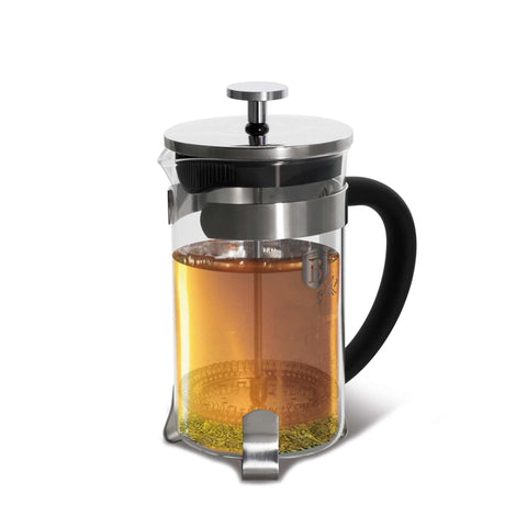 Product image of Coffee & tea plunger 800ml. Part of the Black Vantage Collection/Matte Black Collection/Black Silver Collection/Eternal Collection . Features: • Material: glass/ 18/10 stainless steel • Capacity 800 ml • Color: stainless steel. (Studio view). Official Berlinger Haus product, boosted by Promintra sl.