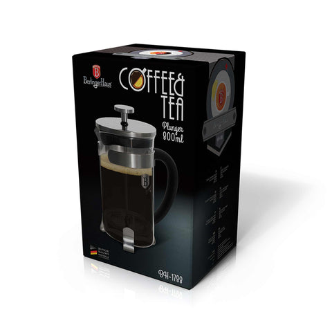 Product image of Coffee & tea plunger 800ml. Part of the Black Vantage Collection/Matte Black Collection/Black Silver Collection/Eternal Collection . Features: • Material: glass/ 18/10 stainless steel • Capacity 800 ml • Color: stainless steel. (Studio view). Official Berlinger Haus product, boosted by Promintra sl.