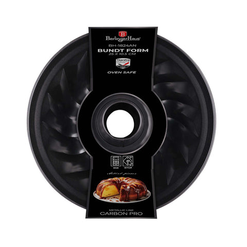 Product image of Bundt pan 25cm. Part of the Metallic Line Carbon Pro Edition . Features: • Material: carbon steel with titan non-stick coating • Size: 25*10,5 cm • Color: metallic dark grey. (Giftbox view). Official Berlinger Haus product, boosted by Promintra sl.