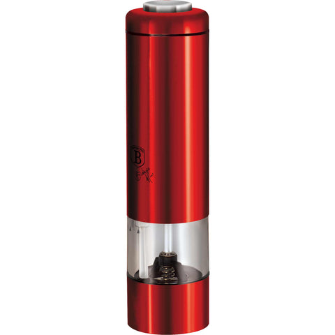 Product image of Electric pepper and salt mill. Part of the Metallic Line Burgundy Edition . Features: • Material: stainless steel with CERAMIC grinder • Batteries: 4 pcs AA (not inc.) • WITH LIGHT • Color: burgundy. (Studio view). Official Berlinger Haus product, boosted by Promintra sl.