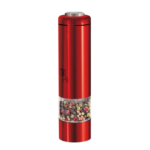 Product image of Electric pepper and salt mill. Part of the Metallic Line Burgundy Edition . Features: • Material: stainless steel with CERAMIC grinder • Batteries: 4 pcs AA (not inc.) • WITH LIGHT • Color: burgundy. (Studio view). Official Berlinger Haus product, boosted by Promintra sl.
