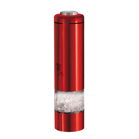 Product image of Electric pepper and salt mill. Part of the Metallic Line Burgundy Edition . Features: • Material: stainless steel with CERAMIC grinder • Batteries: 4 pcs AA (not inc.) • WITH LIGHT • Color: burgundy. (Studio view). Official Berlinger Haus product, boosted by Promintra sl.