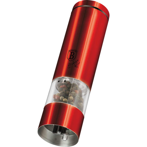 Product image of Electric pepper and salt mill. Part of the Metallic Line Burgundy Edition . Features: • Material: stainless steel with CERAMIC grinder • Batteries: 4 pcs AA (not inc.) • WITH LIGHT • Color: burgundy. (Studio view). Official Berlinger Haus product, boosted by Promintra sl.