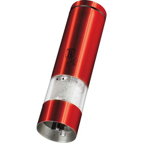 Product image of Electric pepper and salt mill. Part of the Metallic Line Burgundy Edition . Features: • Material: stainless steel with CERAMIC grinder • Batteries: 4 pcs AA (not inc.) • WITH LIGHT • Color: burgundy. (Studio view). Official Berlinger Haus product, boosted by Promintra sl.