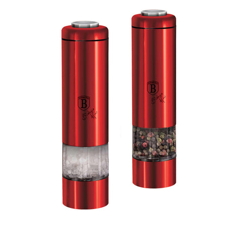 Product image of Electric pepper and salt mill. Part of the Metallic Line Burgundy Edition . Features: • Material: stainless steel with CERAMIC grinder • Batteries: 4 pcs AA (not inc.) • WITH LIGHT • Color: burgundy. (Studio view). Official Berlinger Haus product, boosted by Promintra sl.