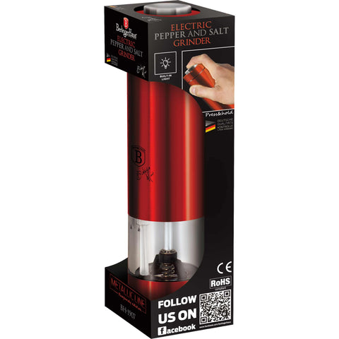 Product image of Electric pepper and salt mill. Part of the Metallic Line Burgundy Edition . Features: • Material: stainless steel with CERAMIC grinder • Batteries: 4 pcs AA (not inc.) • WITH LIGHT • Color: burgundy. (Studio view). Official Berlinger Haus product, boosted by Promintra sl.