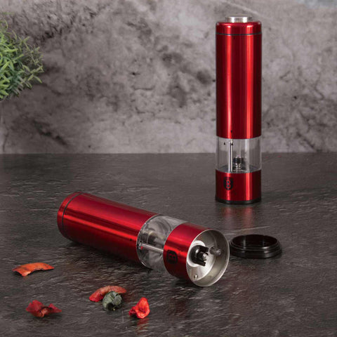 Product image of Electric pepper and salt mill. Part of the Metallic Line Burgundy Edition . Features: • Material: stainless steel with CERAMIC grinder • Batteries: 4 pcs AA (not inc.) • WITH LIGHT • Color: burgundy. (Studio view). Official Berlinger Haus product, boosted by Promintra sl.