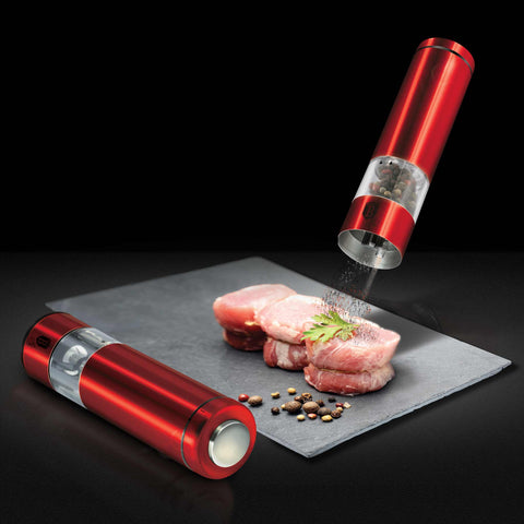 Product image of Electric pepper and salt mill. Part of the Metallic Line Burgundy Edition . Features: • Material: stainless steel with CERAMIC grinder • Batteries: 4 pcs AA (not inc.) • WITH LIGHT • Color: burgundy. (Studio view). Official Berlinger Haus product, boosted by Promintra sl.
