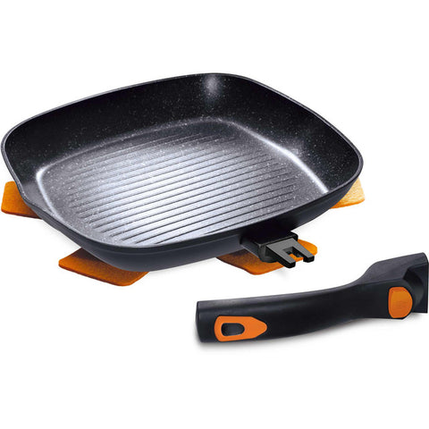 Product image of Grill pan 28cm with detachable handle. Part of the Granit Diamond Line . Features: • Material: forged aluminum • Grill pan Ø28*4,3 cm 1,3L • Color: matt black and orange • OVEN SAFE, IF THE HANDLE IS REMOVED REGISTERED DESIGN BY B.... (Studio view). Official Berlinger Haus product, boosted by Promintra sl.