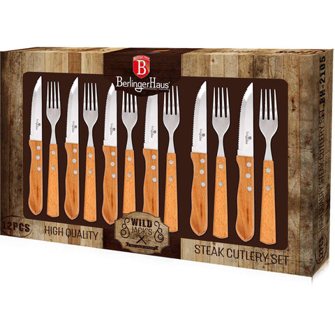 Imagem do produto: conjunto de 12 facas para bife com cabo de madeira. Parte da linha de conjuntos para bife. Características: • Material: aço inoxidável/madeira • 6 facas para bife • 6 garfos • Cor: marrom. (Imagem ilustrativa). Produto oficial Berlinger Haus, com o apoio da Promintra sl.