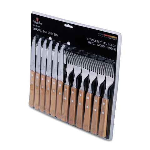 Product image of 12pcs steak knife set with wood handle. Part of the Steak sets . Features: • Material: stainless steel/ wood • Steak knife 6 pcs • Fork 6 pcs • Color: brown. (Studio view). Official Berlinger Haus product, boosted by Promintra sl.