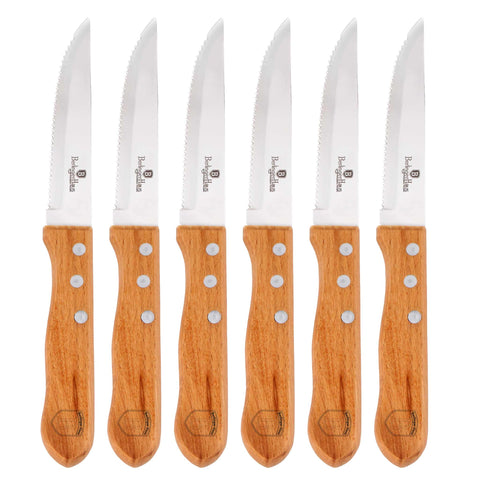 Product image of 6pcs steak knife set with wood handle. Part of the Steak sets . Features: • Material: stainless steel/ wood • Steak knife 6 pcs • Color: brown. (Studio view). Official Berlinger Haus product, boosted by Promintra sl.