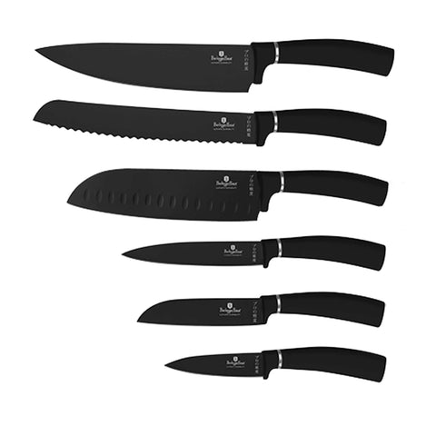 Product image of 6pcs knife set. Part of the Black Vantage Collection/Matte Black Collection/Black Silver Collection . Features: • Material: stainless steel with black- silver non-stick coating • Chef knife 20 cm • Bread knife 20 cm • Santoku knife 17,5 cm • Utility knife 12,.... (Studio view). Official Berlinger Haus product, boosted by Promintra sl.
