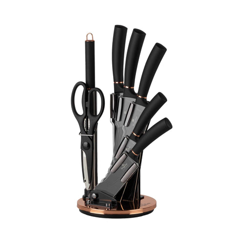 Product image of 8pcs knife set with acrylic stand. Part of the Black Rose Collection . Features: • Material: stainless steel with black non-stick coating • Chef knife 20 cm • Bread knife 20 cm • Santoku knife 17,5 cm • Utility knife 12,5 cm • P.... (Studio view). Official Berlinger Haus product, boosted by Promintra sl.