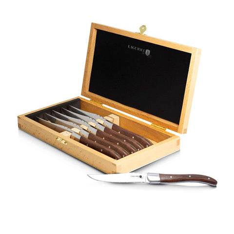Product image of 6pcs steak knife set with rosewood handle. Part of the Laguiole by Berlinger Haus . Features: • SET OF 6 HIGH-END STEAK KNIVES • Material: stainless steel • Size: 12,5 cm • WOODEN gift box. (Studio view). Official Berlinger Haus product, boosted by Promintra sl.