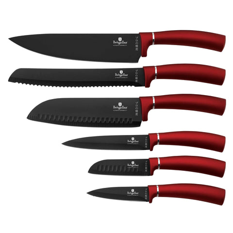Product image of 6pcs knife set. Part of the Metallic Line Burgundy Edition . Features: • Material: stainless steel with black non-stick coating • Chef knife 20 cm • Bread knife 20 cm • Santoku knife 17,5 cm • Utility knife 12,5 cm • P.... (Studio view). Official Berlinger Haus product, boosted by Promintra sl.