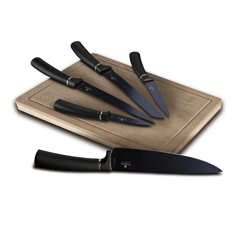 Product image of 6pcs knife set with bamboo cutting board. Part of the Black Vantage Collection/Matte Black Collection/Black Silver Collection . Features: • Material: stainless steel with black- silver non-stick coating • Bread knife 20 cm • Chef knife 20 cm • Slicer knife 20 cm • Utility knife 12,5 c.... (Studio view). Official Berlinger Haus product, boosted by Promintra sl.
