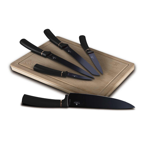 Product image of 6pcs knife set with bamboo cutting board. Part of the Black Rose Collection . Features: • Material: stainless steel with black non-stick coating • Bread knife 20 cm • Chef knife 20 cm • Slicer knife 20 cm • Utility knife 12,5 cm • Pari.... (Studio view). Official Berlinger Haus product, boosted by Promintra sl.