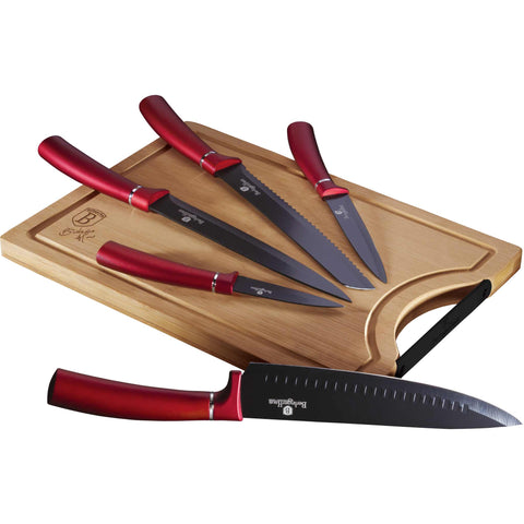 BH/2552AN, conjunto de 6 facas com tábua de corte de bambu, bordô, vermelho, T3: conjunto de 6 facas com tábua de corte de bambu, conjunto de facas, facas, faca, tábua de corte, bambu