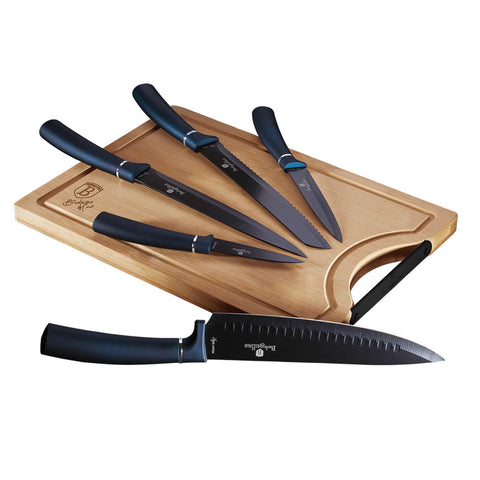 Product image of 6pcs knife set with bamboo cutting board. Part of the Metallic Line Aquamarine Edition . Features: • Material: stainless steel with black non-stick coating • Bread knife 20 cm • Chef knife 20 cm • Slicer knife 20 cm • Utility knife 12,5 cm • Pari.... (Studio view). Official Berlinger Haus product, boosted by Promintra sl.