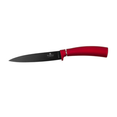 Product image of 8pcs knife set with acrylic stand. Part of the Metallic Line Burgundy Edition . Features: • Material: stainless steel with black non-stick coating • Chef knife 20 cm • Bread knife 20 cm • Santoku knife 17,5 cm • Utility knife 12,5 cm • P.... (Studio view). Official Berlinger Haus product, boosted by Promintra sl.