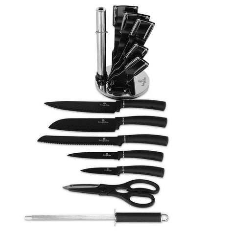Product image of 8pcs knife set with acrylic stand. Part of the Black Vantage Collection/Matte Black Collection/Black Silver Collection . Features: • Material: stainless steel with black- silver non-stick coating • Chef knife 20 cm • Bread knife 20 cm • Santoku knife 17,5 cm • Utility knife 12,.... (Studio view). Official Berlinger Haus product, boosted by Promintra sl.