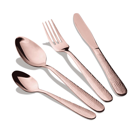 Product image of 24pcs cutlery set with ROSE GOLD PVD COATING mirror POLISH. Part of the Cutlery sets . Features: • Material: stainless steel with full MIRROR finish, and hammer effect • Include: • Table knife 6 pcs 6,0 mm • Table fork 6 pcs 3,0 mm • Table spoo.... (Studio view). Official Berlinger Haus product, boosted by Promintra sl.