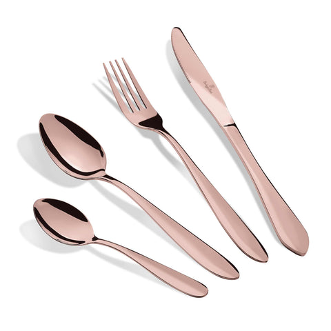 Product image of 24pcs cutlery set with ROSE GOLD PVD COATING mirror POLISH. Part of the Cutlery sets . Features: • Material: stainless steel with FULL MIRROR finish • Include: • Table knife 6 pcs 5,0 mm • Table fork 6 pcs 3,0 mm • Table spoon 6 pcs 3,0 mm • Te.... (Studio view). Official Berlinger Haus product, boosted by Promintra sl.