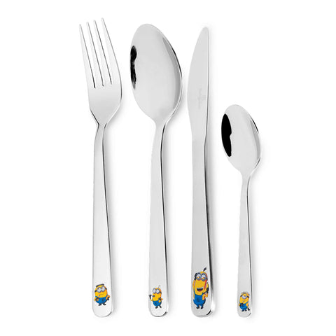 Product image of 4pcs cutlery set mirror. Part of the Minions Collection . Features: • Material: stainless steel • Include: • Knife 1 pc 5,0 mm • Fork 1 pc 2,5 mm • Spoon 1 pc 2,5 mm • Small spoon 1 pc 2,0 mm • Color: silver. (Studio view). Official Berlinger Haus product, boosted by Promintra sl.