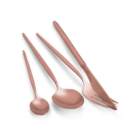 Product image of 24pcs cutlery set with ROSE GOLD PVD COATING satin. Part of the Cutlery sets . Features: • Material: stainless steel with full SATIN finish • Include: • Table knife 6 pcs 7,0 mm • Table fork 6 pcs 4,0 mm • Table spoon 6 pcs 4,0 mm • Tea.... (Studio view). Official Berlinger Haus product, boosted by Promintra sl.