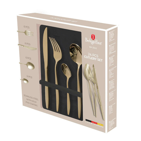 Product image of 24pcs cutlery set with GOLD PVD COATING satin. Part of the Cutlery sets . Features: • Material: stainless steel with full SATIN finish • Include: • Table knife 6 pcs 7,0 mm • Table fork 6 pcs 4,0 mm • Table spoon 6 pcs 4,0 mm • Tea.... (Giftbox view). Official Berlinger Haus product, boosted by Promintra sl.