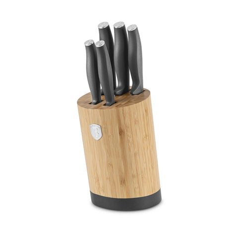Product image of 6pcs knife set with BAMBOO stand. Part of the Anthracite Collection . Features: • Material: stainless steel • Chef knife 20 cm • Bread knife 20 cm • Santoku knife 17,5 cm • Utility knife 12,5 cm • Paring knife 9 cm • BAMBOO sta.... (Studio view). Official Berlinger Haus product, boosted by Promintra sl.