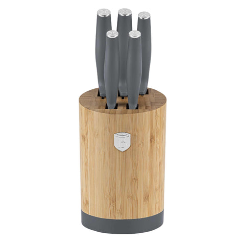 Product image of 6pcs knife set with BAMBOO stand. Part of the Aspen Collection . Features: • Material: stainless steel • Chef knife 20 cm • Bread knife 20 cm • Santoku knife 17,5 cm • Utility knife 12,5 cm • Paring knife 9 cm • BAMBOO sta.... (Studio view). Official Berlinger Haus product, boosted by Promintra sl.