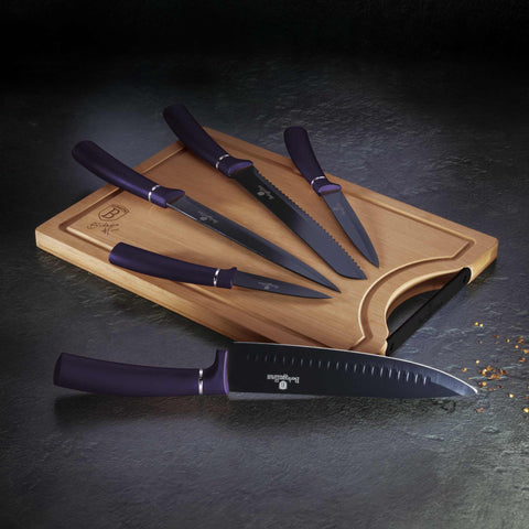 BH/2832, BH/2683, juego de 6 cuchillos con tabla de cortar de bambú, morado, juego de 6 cuchillos con tabla de cortar de bambú, juego de cuchillos, cuchillos, cuchillo, tabla de cortar, bambú,Berlinger Haus, Promintra