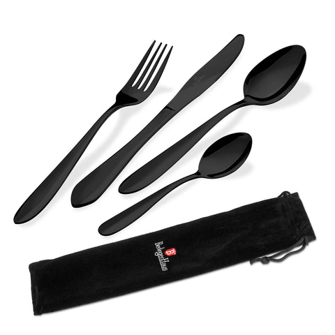 BH/2726, 4pcs cutlery set with traveling canvas bag mirror, black, 4 pcs cutlery set, cutlery set, cutlery, mirror, traveling bag, portable